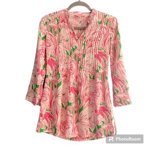 Lilly Pulitzer Split Neck Pleated Front Flamingo Palmetto Tunic Sz XXS
